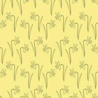 Seamless pattern black contour flowers daffodils on a beige background, continuous line. Doodle vector illustration, background for packaging, textile, wallpaper