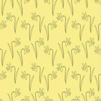 Seamless pattern black contour flowers daffodils on a beige background, continuous line. Doodle vector illustration, background for packaging, textile, wallpaper