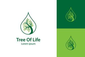 árbol y gotas o agua conjunto con árbol vida logo diseño ilustración para ecología, ambiente y agricultura vector icono logo