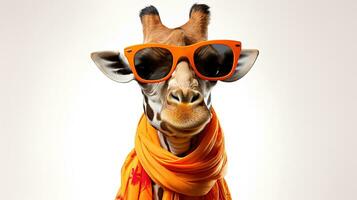 jirafa vistiendo Gafas de sol y naranja bufanda aislado en gris antecedentes. ai generativo foto