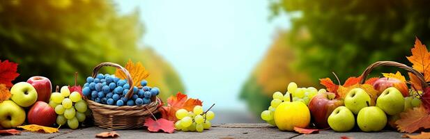 Autumn still life with basket of fruits and vegetables on wooden table. AI generative photo