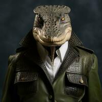 Funny crocodile in a suit, hat and glasses on a dark background. AI generative photo