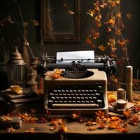 Vintage typewriter and autumn leaves on wooden background. Copy space. AI generative photo