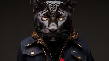 Portrait of a leopard in a jacket on a dark background. anthropomorphic leopard. AI generative photo