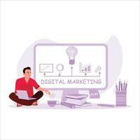 Business man planning and brainstorming on his new project. Marketing Digital Technologies concept. Trend Modern vector flat illustration