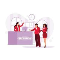 Professional female receptionist serving a pair of guests at the reception desk. Hotel Receptionist concept. Trend Modern vector flat illustration