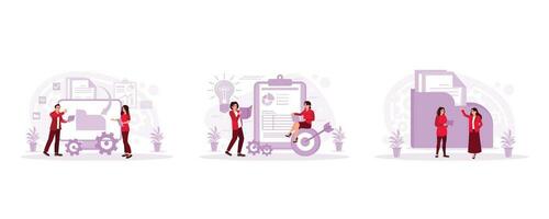 The manager checks documents. Corporate finance team. Check and store documents and files in digital databases. Accounting concepts. Set Trend Modern vector flat illustration