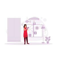 A young woman controls her home electronic devices using a smartphone. Smart Home concept. Trend Modern vector flat illustration