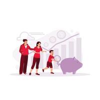The boy puts coins into a piggy bank. Parents teach their children to save money for the future. Financial literacy concept. Trend Modern vector flat illustration