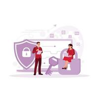 Two colleagues work together to protect a client's confidential information and cyber security. Shield, key and padlock icon background. Trend Modern vector flat illustration