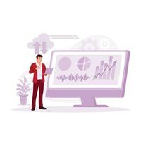 The businessman is standing, holding a laptop, accessing data on the computer. Could Computing concept. Trend Modern vector flat illustration