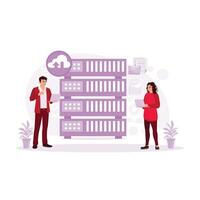 Big Data Center Chief Technology Officer Holding Laptop, Standing In Warehouse, Streaming Information Digitalization Path Through Server. SAAS. Database concept. Trend Modern vector flat illustration