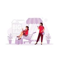 A woman sits in a shopping trolley. The woman behind her is shopping online via cell phone. Big Sale concept. Trend Modern vector flat illustration