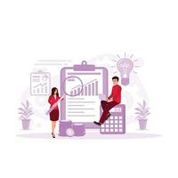 Financial analysts analyze company financial statements. Discuss ideas for achieving success. Data Analysis Concept. Trend Modern vector flat illustration