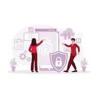 Multiethnic people in business use fingerprint scanning for security access with biometric identification. Data Protection concept. Trend Modern vector flat illustration