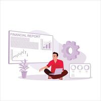 The businessman makes company financial reports on a laptop, showing well-organized financial data and graphs. Work Flow concept. Trend Modern vector flat illustration