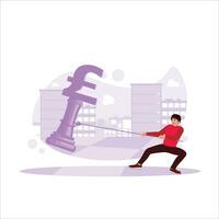 A man pulls a chess piece with the symbol of the British pound money. Chess business strategy. Trend Modern vector flat illustration