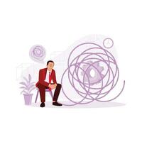 Businessman sitting in a chair trying to untangle tangled threads. The process of solving complex problems. Marketing Trends concept. Trend Modern vector flat illustration