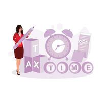 Businesswomen fill in a tax form. Tax must be paid. Tax concept. Trend Modern vector flat illustration