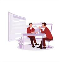 Software developers concept. Two male programmers are discussing in the office of a software development company. Trend Modern vector flat illustration