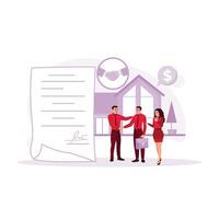 A married couple shakes hands with a real estate broker after signing a letter of agreement. Mortgage Process concept. Trend Modern vector flat illustration