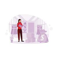 The clothing shop owner checks the stock of clothes in the shop. Check the goods ordered by the buyer. Digital Shopping concept. vector