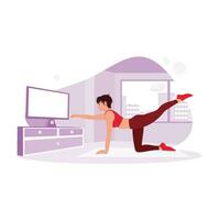 Young woman doing fitness exercises on the mat at home. Physical concepts. Trend Modern vector flat illustration