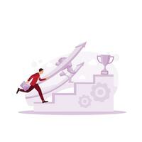 Business people achieve success as soon as possible. Quick business success, Men run fast up the stairs to reach their goals. Trend Modern vector flat illustration