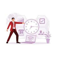 Time Management concept. A manager points to a big clock, the management of work processes in the company. Trend Modern vector flat illustration