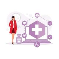 Female doctor looking at the medical network icon connection on a laptop screen. Medical concept. vector