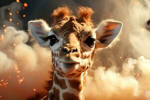 linda bebé jirafa con grande ojos y nubes de fumar en antecedentes. ai generativo foto