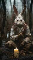 Rabbit hunter in the forest. A hare in a hunting suit and rabbit ears. AI generative photo