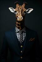 Portrait of a giraffe in a suit and tie on a black background. anthropomorphic giraffe.AI generative photo