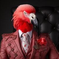 Flamingo in a pink suit and tie on a dark background. anthropomorphic flamingo. AI generative photo