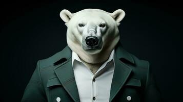 polar oso en un negocio traje y Corbata en un oscuro fondo.ai generativo foto
