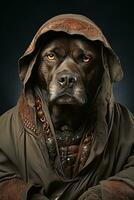 Dog with glasses on black background. dog in the steampunk costume. AI generative photo