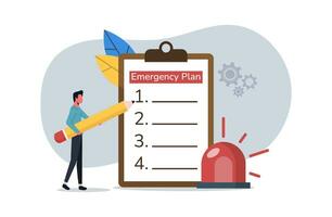 negocio emergencia plan, inteligente empresario participación lápiz con papel de emergencia plan y brillante sirena, Lista de Verificación a hacer cuando desastres ocurrir a Seguir negocio y construir Resiliencia concepto. vector