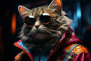 Portrait of a bengal cat wearing sunglasses and a jacket. AI generative photo