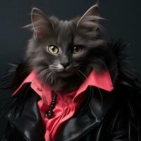 retrato de un hermosa gato en un parte superior sombrero en un negro antecedentes. ai generativo foto