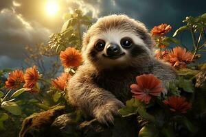 Cute sloth on the background of flowers in the meadow. AI generative photo