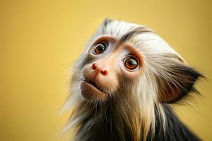 retrato de un linda patas rojas douc langur en naranja antecedentes. ai generativo foto