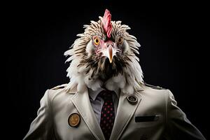 Portrait of a rooster in a suit on a dark background. anthropomorphic animal. AI generative photo