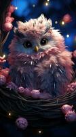 Cute owl sitting in the nest with pink flowers. AI generative photo