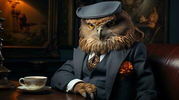 Elegant owl in a suit and a hat on a dark background. anthropomorphic animal. AI generative photo