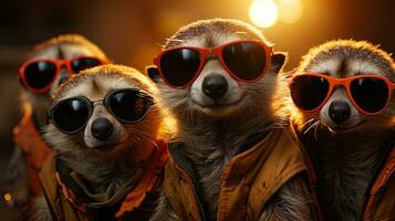 suricatas en naranja chaquetas y Gafas de sol en puesta de sol antecedentes. ai generativo foto
