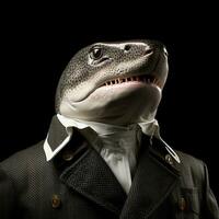 Shark in a business suit on a black background. anthropomorphic shark. AI generative photo