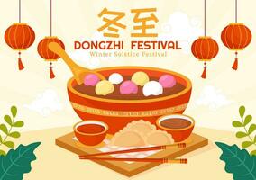 Dongzhi o invierno solsticio festival vector ilustración en diciembre 22 con chino comida tangyuan y jiaozi en plano dibujos animados antecedentes diseño