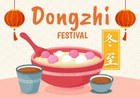 Dongzhi o invierno solsticio festival vector ilustración en diciembre 22 con chino comida tangyuan y jiaozi en plano dibujos animados antecedentes diseño