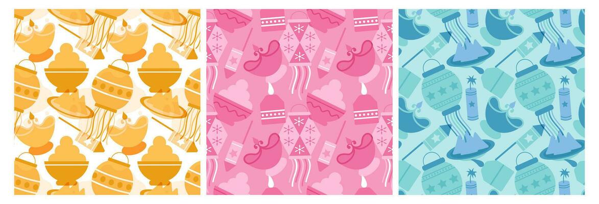 Set of Happy Diwali Seamless Pattern Illustration Design with Light Festival of India Ornament in Cartoon Hand Drawn Template