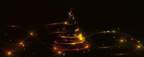 Shiny spiral golden Christmas tree with stars, snowflakes and glittering particles. Abstract shiny glowing golden wave lines. Vector illustration.